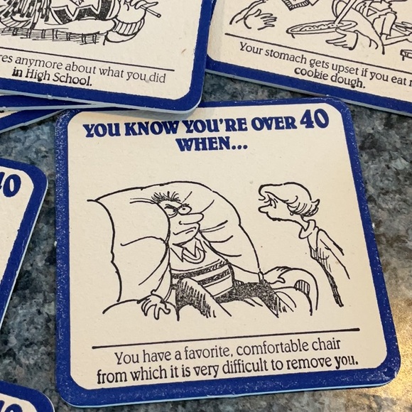 Vintage “Over Forty” box of beverage coasters from 1989. Never used. - Picture 5 of 9
